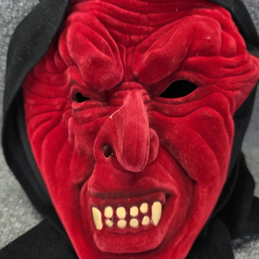 Vtg 90s Halloween Devil Mask Red Velvet Face Horned Hooded Demon Costume Scary